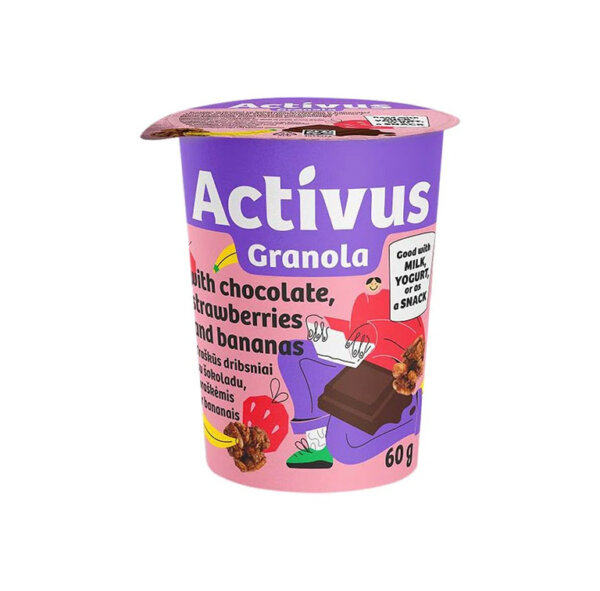 Granola müsli šokolaadi, maasikate ja banaanidega, ACTIVUS, 60 g