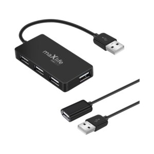 USB-jaotur 2.0, 4× USB, 0,15 m + kaabel 1,5 m, Maxlife, must